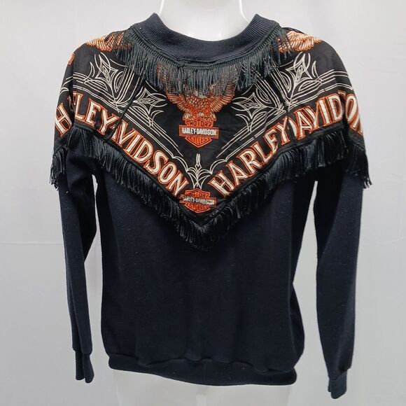 Vintage Harley Davidson Fringe Sweatshirt Black & Orange Graphic Biker Crewneck - Picture 4 of 11